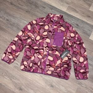 BILLABONG Abstract Floral Printed Sherpa Front Zip Jacket in Dusty Mauve